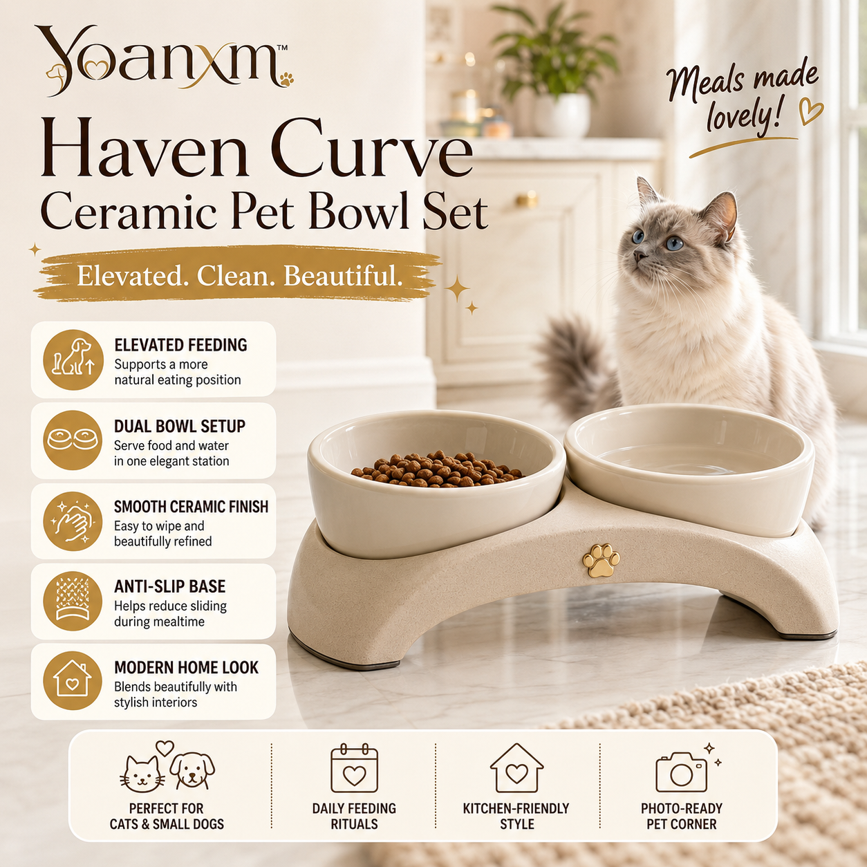 Yoanxm™ Haven Curve Ceramic Pet Bowl Set, Elevated Dog Bowl, Cat Food Bowl, Modern Pet Feeder, Anti-Slip Food & Water Dish