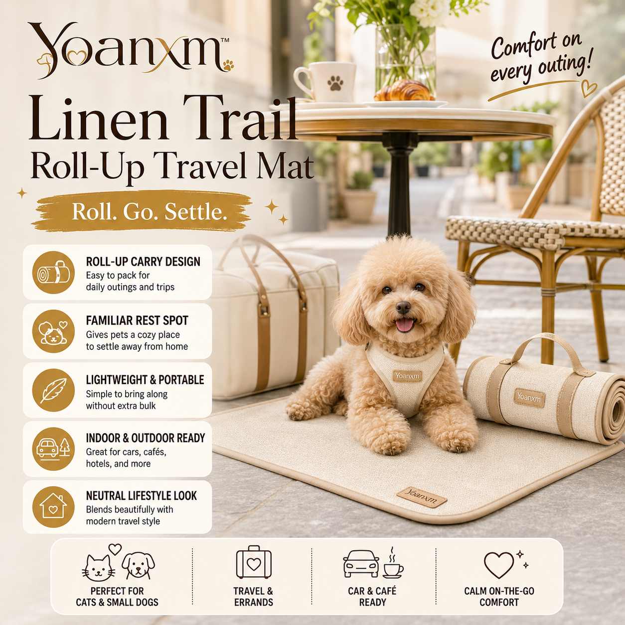 Yoanxm™ Linen Trail Roll-Up Pet Travel Mat, Portable Dog Mat, Cat Rest Pad, Lightweight Pet Blanket, Car Seat and Café Mat