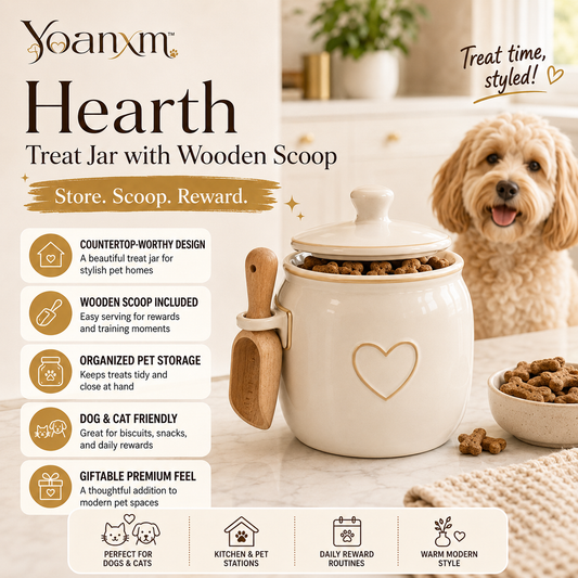 Yoanxm™ Hearth Pet Treat Jar with Wooden Scoop, Dog Treat Container, Cat Treat Storage, Ceramic Snack Canister, Countertop Pet Jar