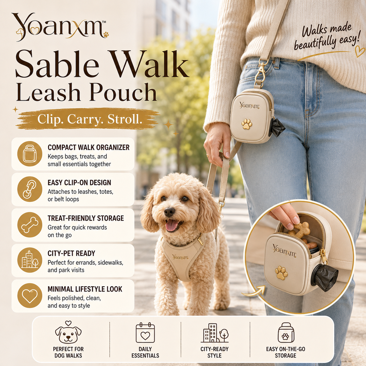 Yoanxm™ Sable Walk Leash Pouch, Dog Waste Bag Holder, Treat Pouch for Walks, Minimal Walking Bag, Small Dog Walking Accessory