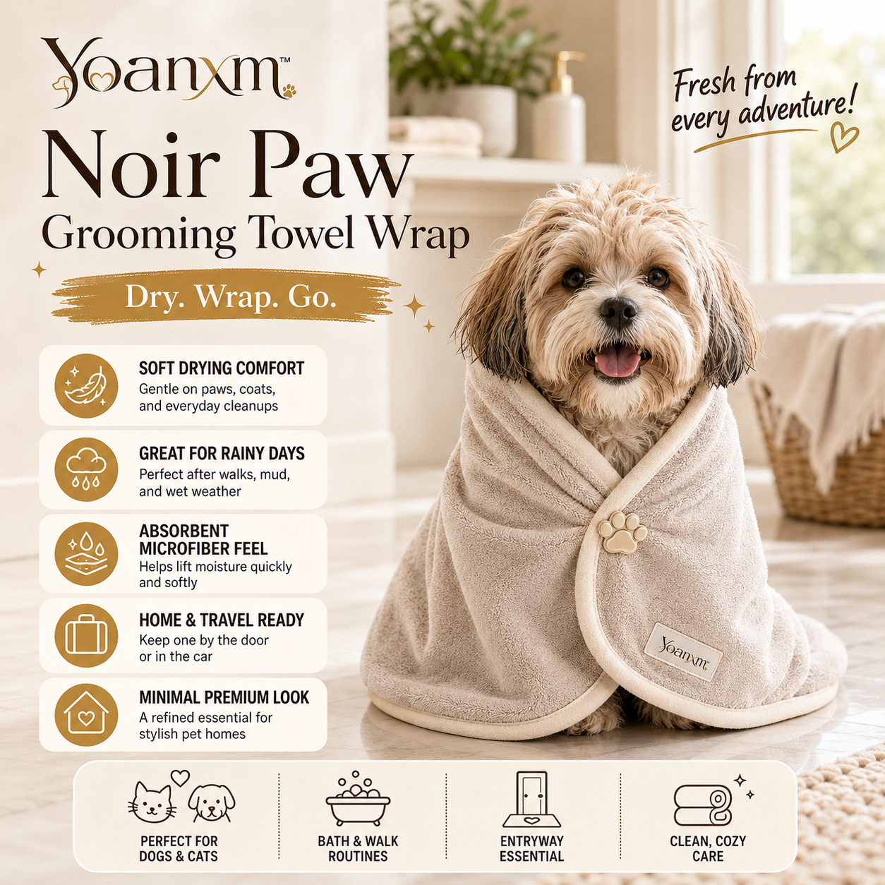 Yoanxm™ Noir Paw Grooming Towel Wrap, Microfiber Dog Towel, Cat Drying Towel, Quick-Dry Paw Towel, Bath and Walk Essential